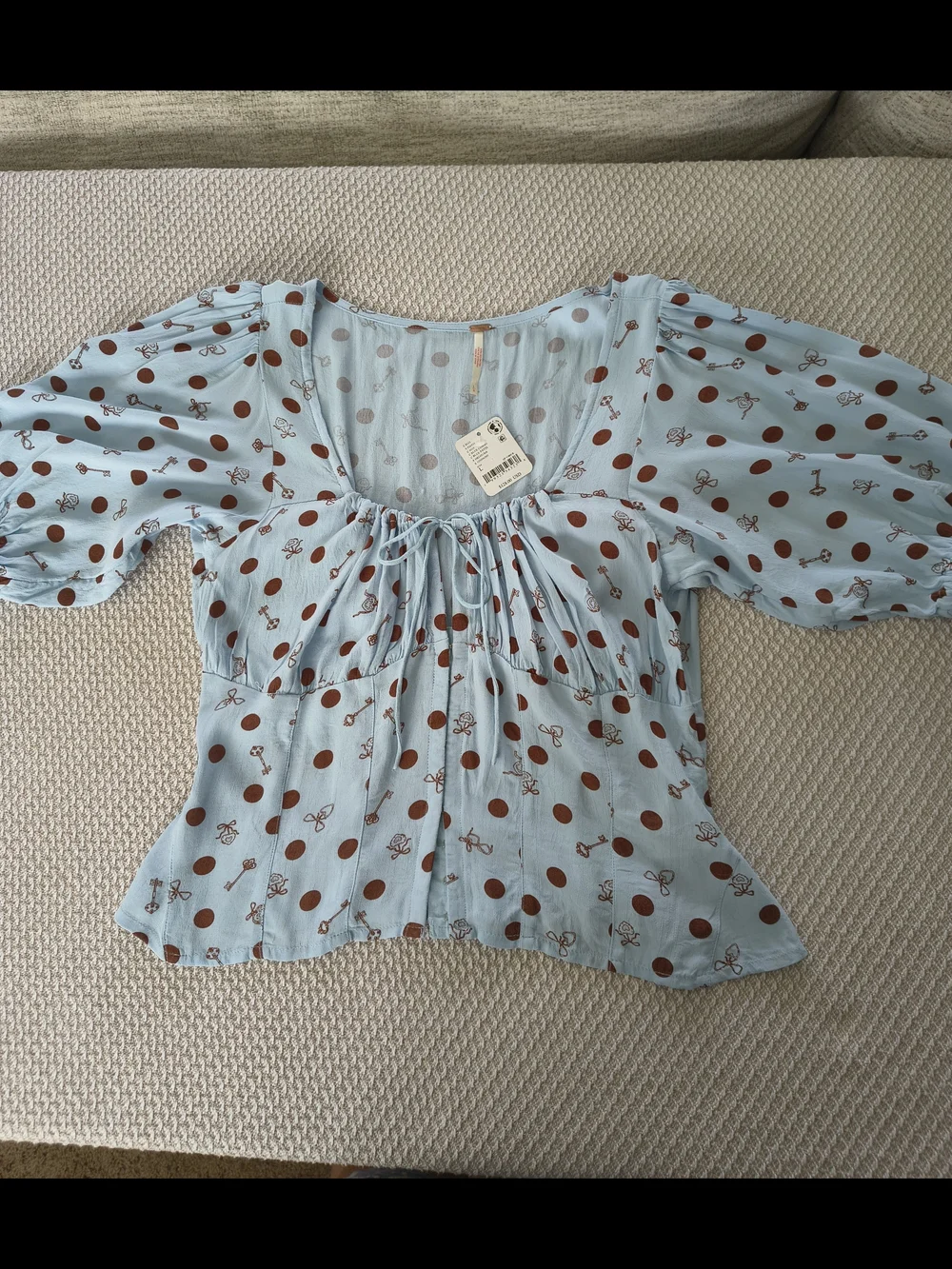 Free People Light Blue Polka Dot Tie-Front Puff Sleeve Top
